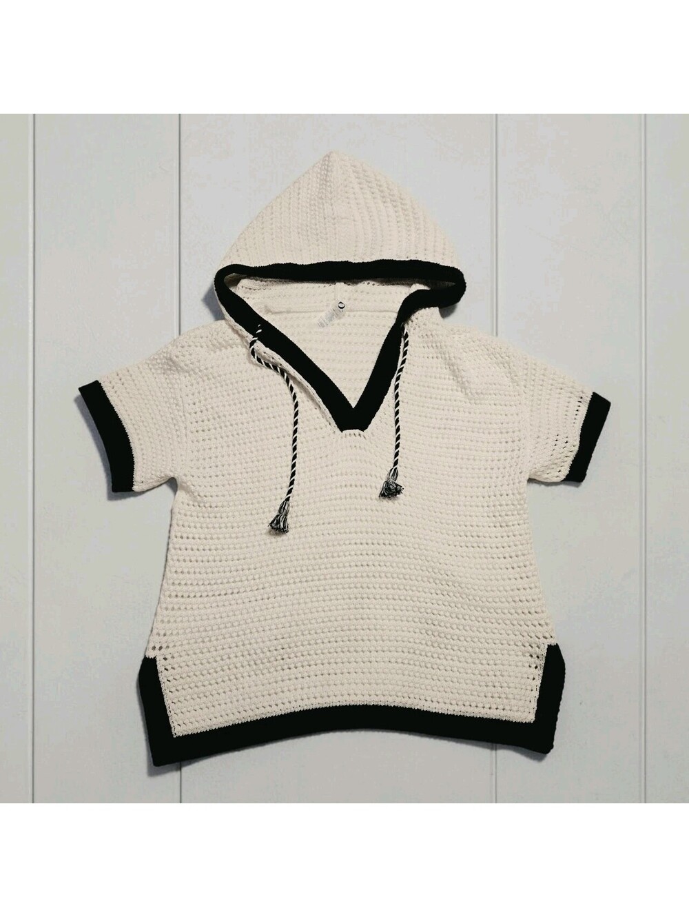 LOU & GREY 100% Cotton Crochet Knit Hoodie Ivory Black Trim Cover Up Top Size XS
